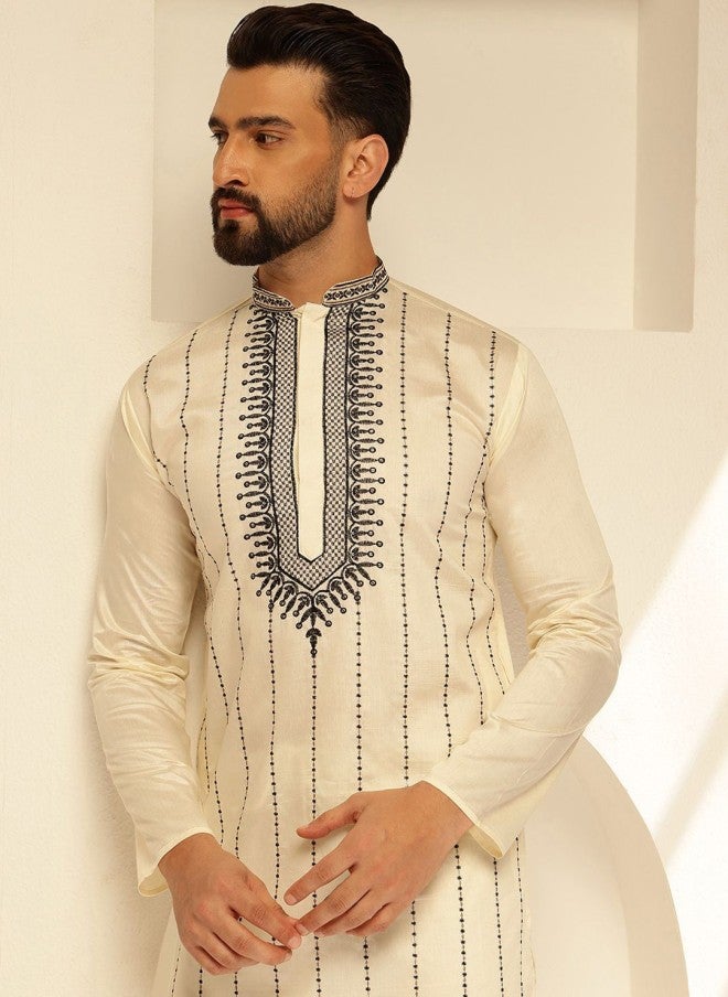 Sojanya Embroidered Cotton Silk Kurta with Pyjamas for Men - Image 2