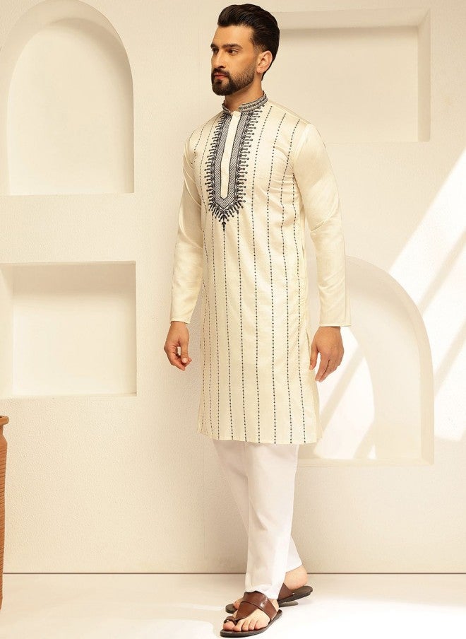 Sojanya Embroidered Cotton Silk Kurta with Pyjamas for Men - Image 4