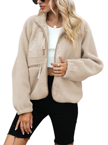 Yanekop Womens Fleece Jacket Fuzzy Long Sleeve Short Winter Coats Button Down Sherpa Jacket Outerwear with Pockets(A Apricot,S) - Image 2