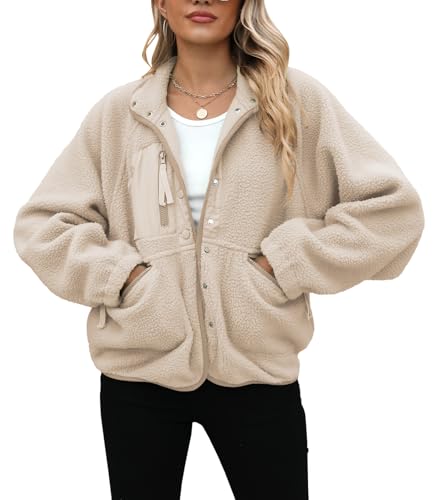 Yanekop Womens Fleece Jacket Fuzzy Long Sleeve Short Winter Coats Button Down Sherpa Jacket Outerwear with Pockets(A Apricot,S) - Image 3