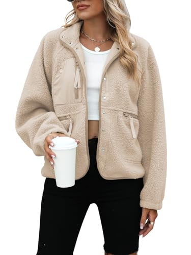 Yanekop Womens Fleece Jacket Fuzzy Long Sleeve Short Winter Coats Button Down Sherpa Jacket Outerwear with Pockets(A Apricot,S) - Image 5