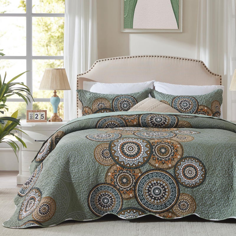 LEAONME 3-Piece Full Queen Size Olive Green Quilt Set Lightweight Oversized Bedspread 90''x98'' Soft Microfiber Floral Coverlet Luxurious Warm Bed Cover for All Seasons (1 Quilt, 2 Pillow Shams) - Image 2