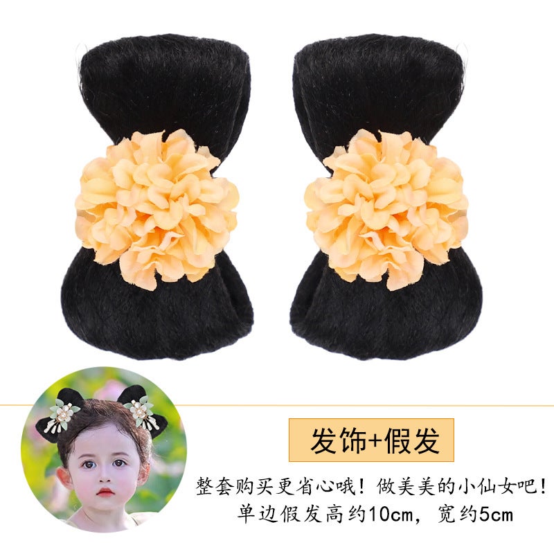 Generic Childrens Hanfu wig bag daily ancient costume bow bun ancient style wig girls hair accessories Headdress Ball head K86 orange two + VP058 wigs