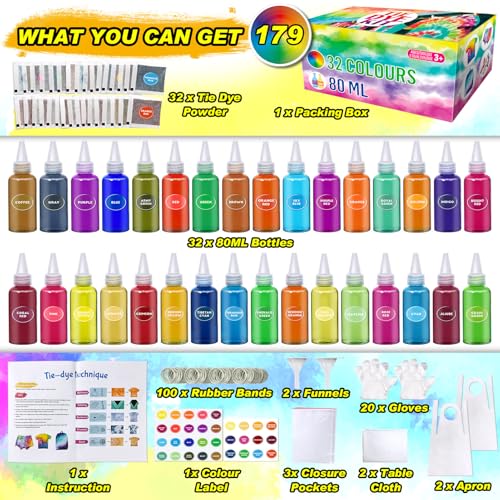 PATIFEED Tie Dye Kit for Kids and Adults, 32 Colours 80ML Bottles Tye Dye Kits, Tyedyedye Kit Gifts for Girls and Boys Large Groups Activities Handmade Party - Image 2