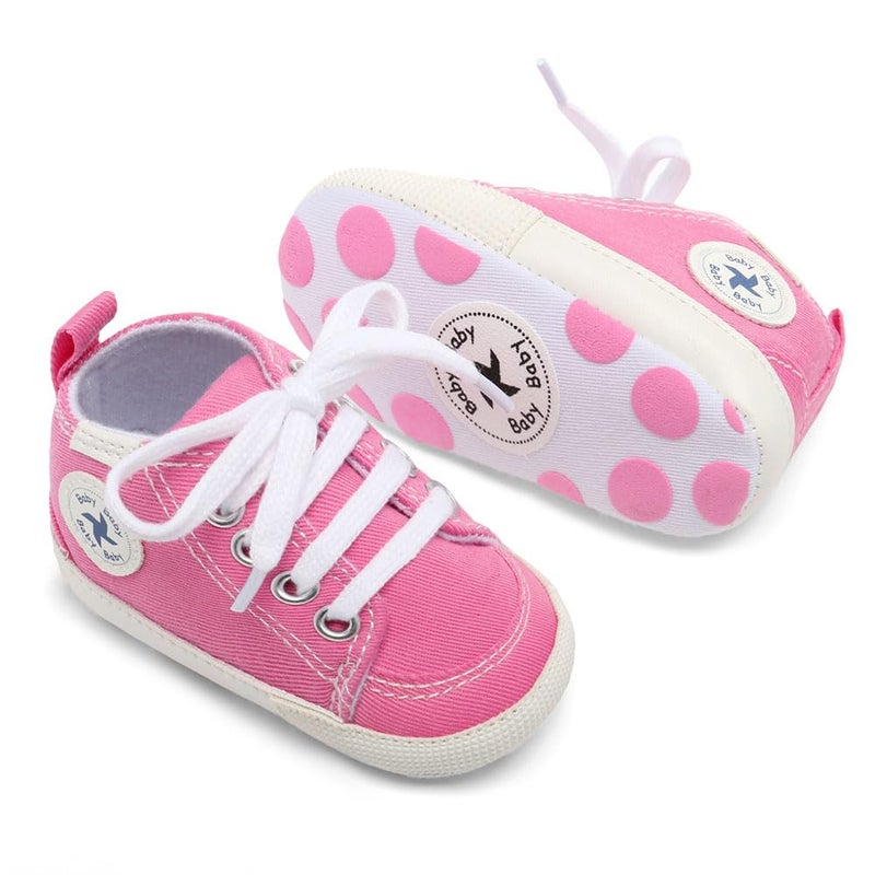 BEIDI Baby Girls Boys Shoes Soft Anti-Slip Sole Newborn First Walkers Star High Top Canvas Denim Unisex Infant Sneaker (A01-Pink, 12-18 Months) - Image 4