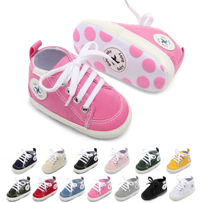 BEIDI Baby Girls Boys Shoes Soft Anti-Slip Sole Newborn First Walkers Star High Top Canvas Denim Unisex Infant Sneaker (A01-Pink, 12-18 Months) - Image 1