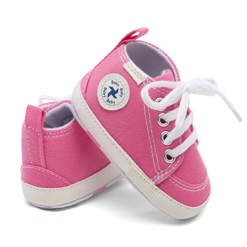BEIDI Baby Girls Boys Shoes Soft Anti-Slip Sole Newborn First Walkers Star High Top Canvas Denim Unisex Infant Sneaker (A01-Pink, 12-18 Months) - Image 2