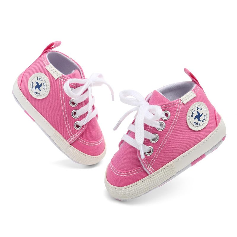 BEIDI Baby Girls Boys Shoes Soft Anti-Slip Sole Newborn First Walkers Star High Top Canvas Denim Unisex Infant Sneaker (A01-Pink, 12-18 Months) - Image 5