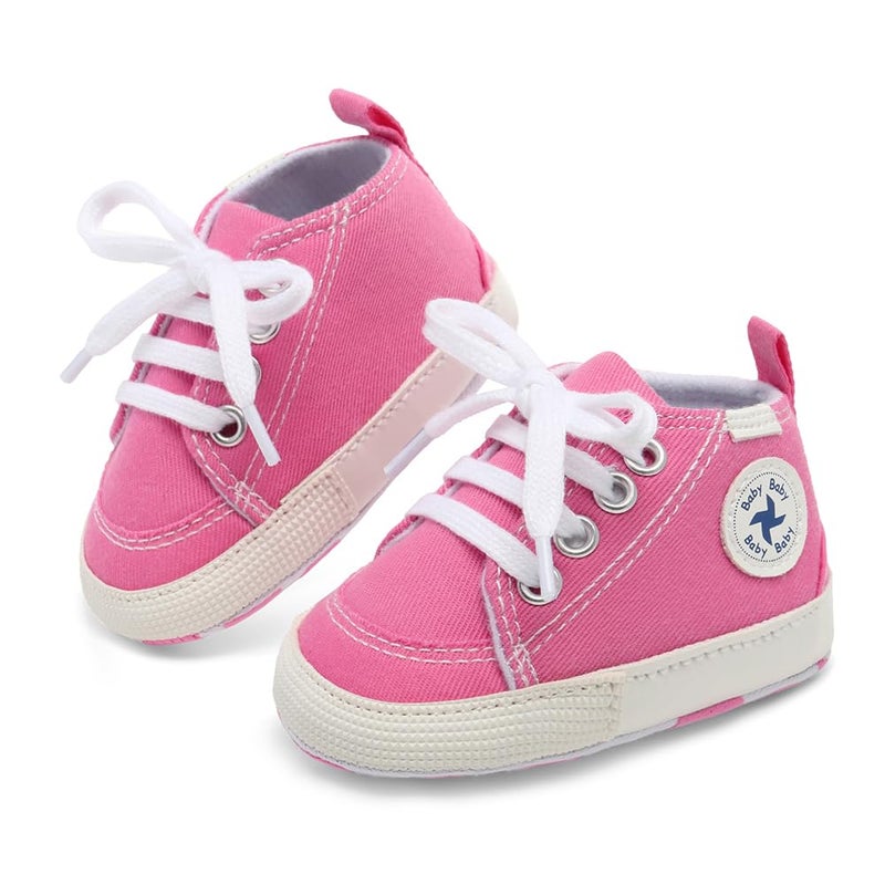 BEIDI Baby Girls Boys Shoes Soft Anti-Slip Sole Newborn First Walkers Star High Top Canvas Denim Unisex Infant Sneaker (A01-Pink, 12-18 Months) - Image 3