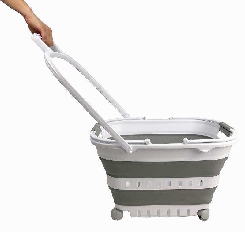 SAMMART 35L (9.24 Gallons) Collapsible Plastic Laundry Basket with Handle and Wheels - Foldable Pop Up Storage Container/Organizer with handle and wheels - Space Saving (1, White/Grey) - Image 1