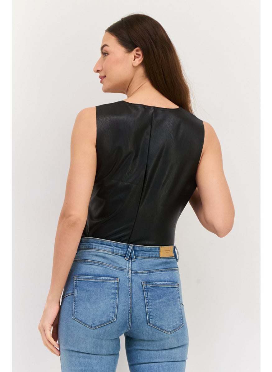 Black Tape - Women Plain Sleeveless Bodysuit, Black - Image 1