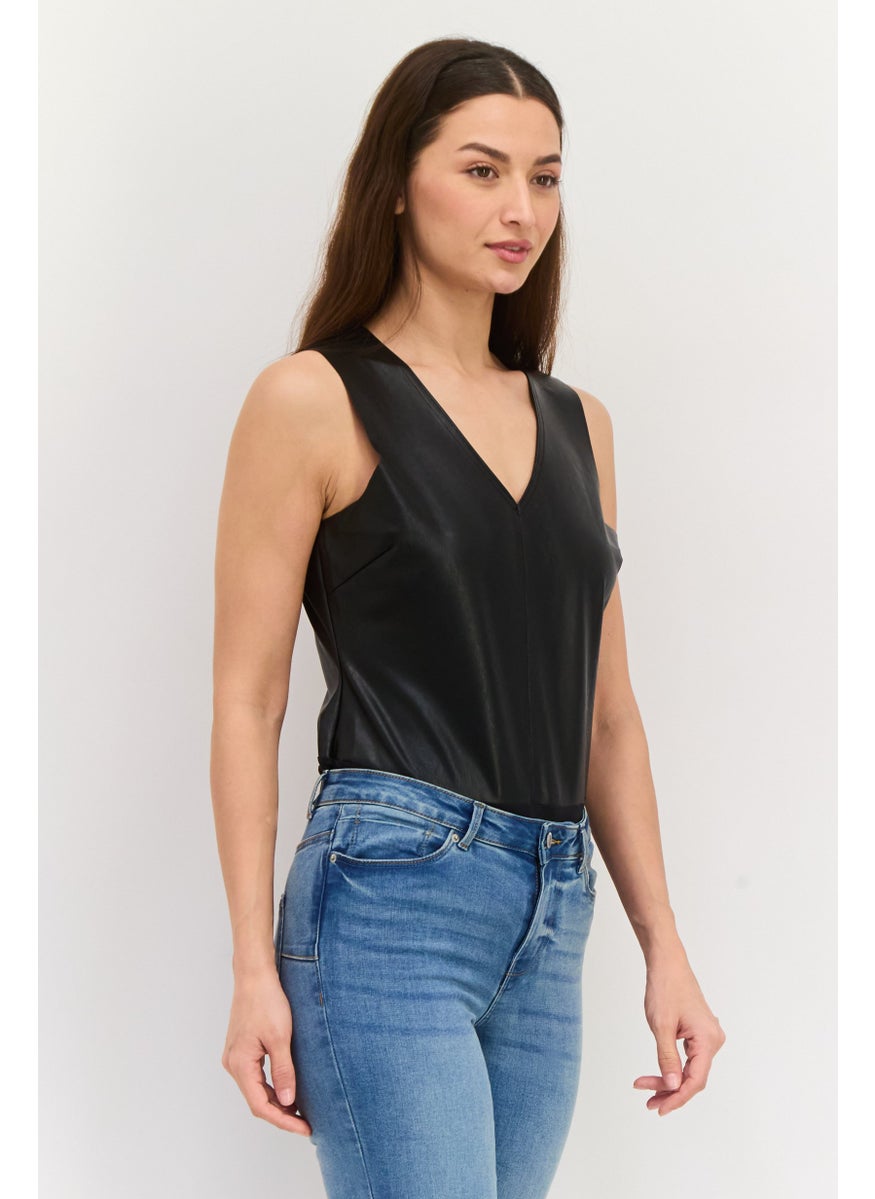 Black Tape - Women Plain Sleeveless Bodysuit, Black - Image 1