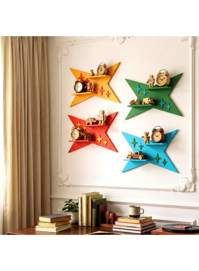 Threehoney 4 Pcs Mid Century Wall Decor Wooden Retro Celestial Star Shaped Burst Wall Art Mount Shelves for Aesthetic Hanging Storage Sign Decoration for Room Bedroom Party(Doji) - Image 2
