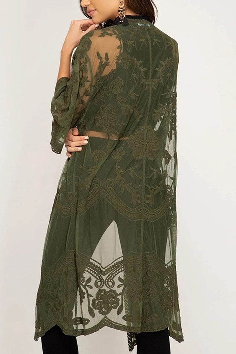 YouKD Women's Lace Cardigan See Through Dress Boho Long Kimono Beach Swimsuit Cover Up Dresses Green - Image 4