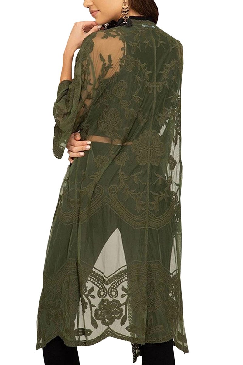 YouKD Women's Lace Cardigan See Through Dress Boho Long Kimono Beach Swimsuit Cover Up Dresses Green - Image 1