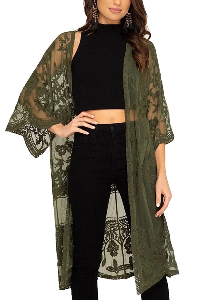 YouKD Women's Lace Cardigan See Through Dress Boho Long Kimono Beach Swimsuit Cover Up Dresses Green - Image 3