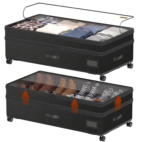 Amoowis Under Bed Storage Bins Adjustable Height Organizer with 360 Lockable Wheels Reinforced Steel Frame Holds 65 LBS Clear AntiYellowing Lid ToolFree Assembly for Bedroom Dorm 2Pack - Image 1