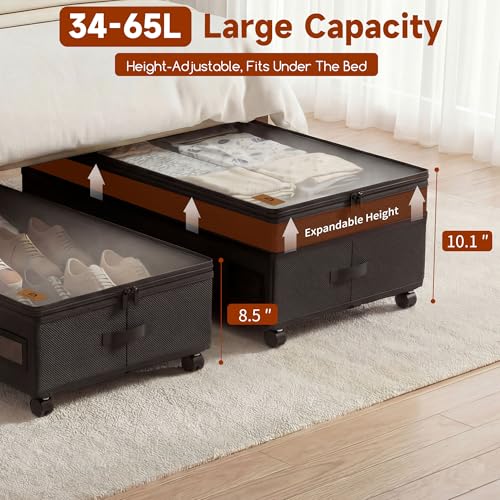 Amoowis Under Bed Storage Bins Adjustable Height Organizer with 360 Lockable Wheels Reinforced Steel Frame Holds 65 LBS Clear AntiYellowing Lid ToolFree Assembly for Bedroom Dorm 2Pack - Image 3