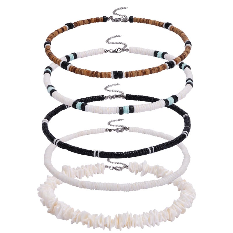 FIRAZIO 5Pcs Puka Shell Necklace Men Seashell Necklace Summer Beach Surfer Necklace for Men Women Hawaiian Necklace for Men White Necklace Beach Jewelry - Image 1