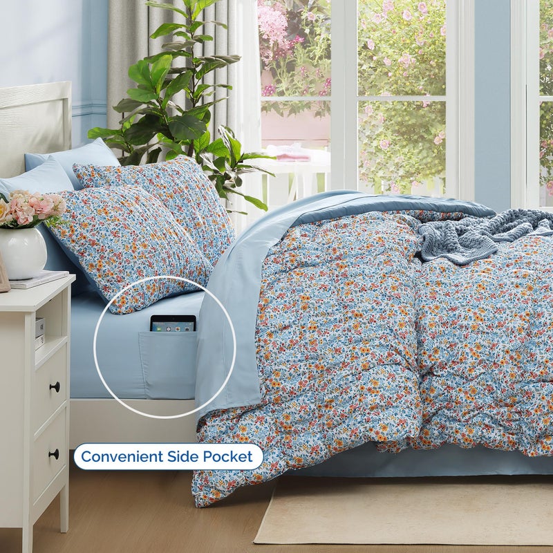 BLOOMHAVEN Queen Comforter Set - 7 Pieces Blue Classic Puff Floral Bedding Sets for All Seasons, Shabby Chic Farmhouse Bed in a Bag Queen with Wildflowers Fluffy Comforter, Sheets, Pillowcases & Shams - Image 3