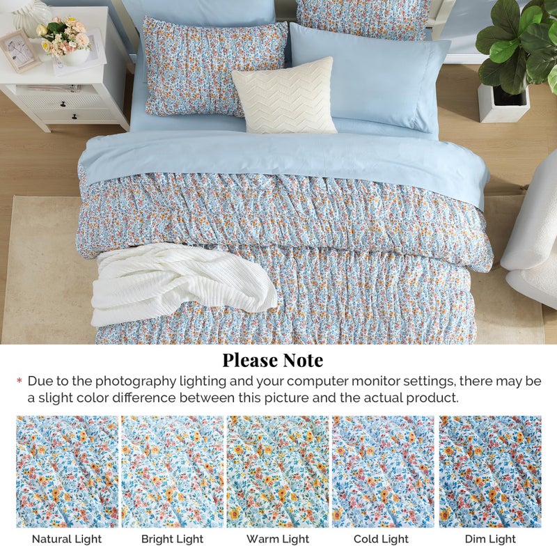 BLOOMHAVEN Queen Comforter Set - 7 Pieces Blue Classic Puff Floral Bedding Sets for All Seasons, Shabby Chic Farmhouse Bed in a Bag Queen with Wildflowers Fluffy Comforter, Sheets, Pillowcases & Shams - Image 5