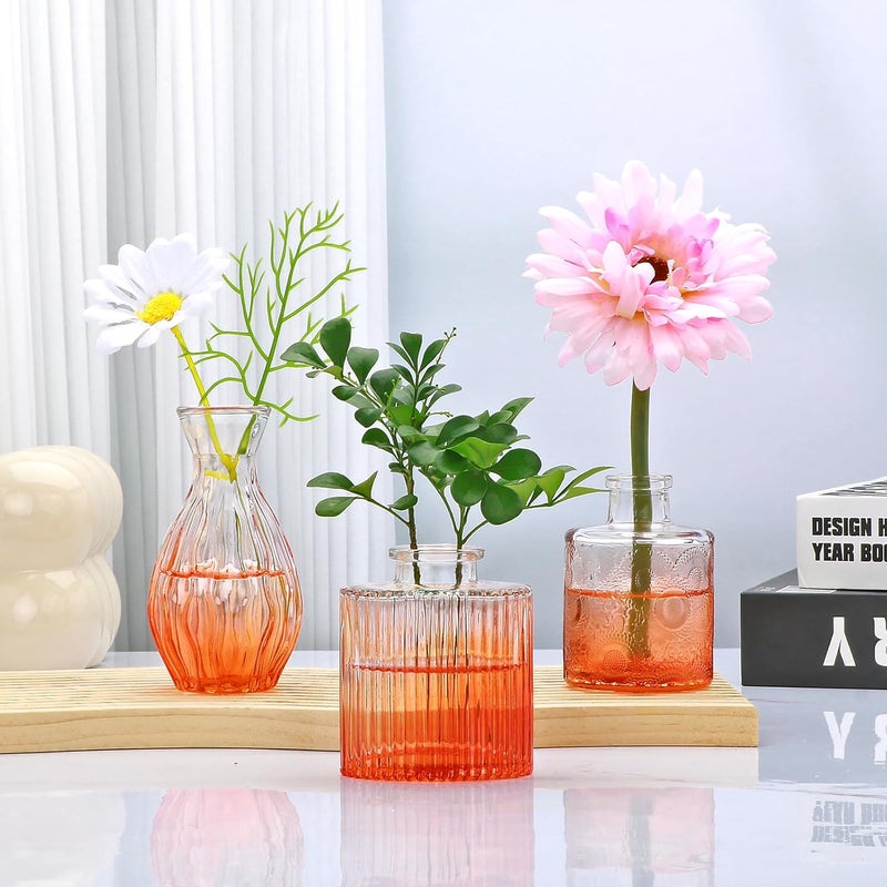 Mapoxy Glass Bud Vases Set of 4,Small Orange Flower Vases for Wedding Centerpiece Table Decorations,Clear Vintage Embossed Mini Vases,Flower Arrangements in Vases for Party or Home Decor - Image 5