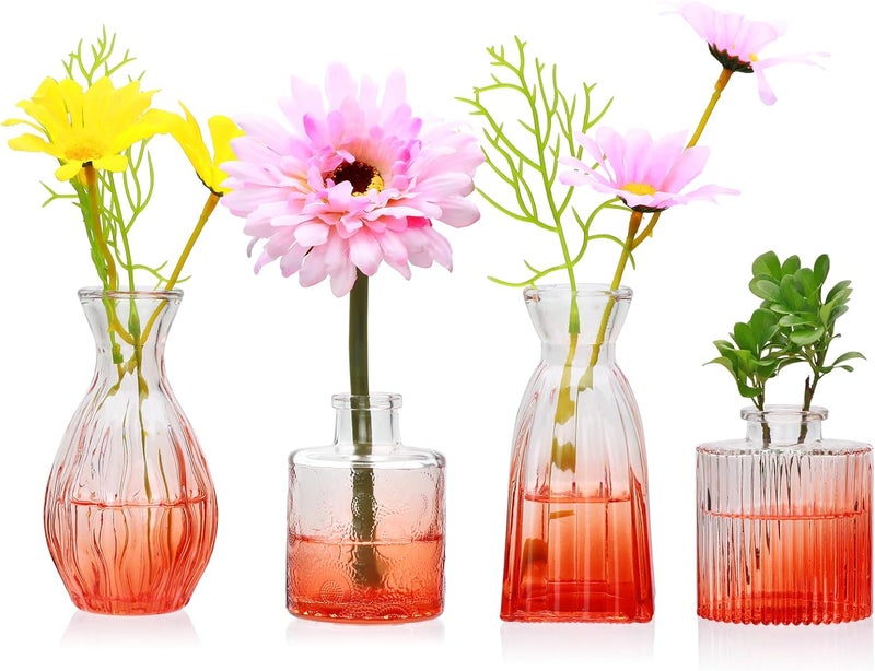 Mapoxy Glass Bud Vases Set of 4,Small Orange Flower Vases for Wedding Centerpiece Table Decorations,Clear Vintage Embossed Mini Vases,Flower Arrangements in Vases for Party or Home Decor - Image 1