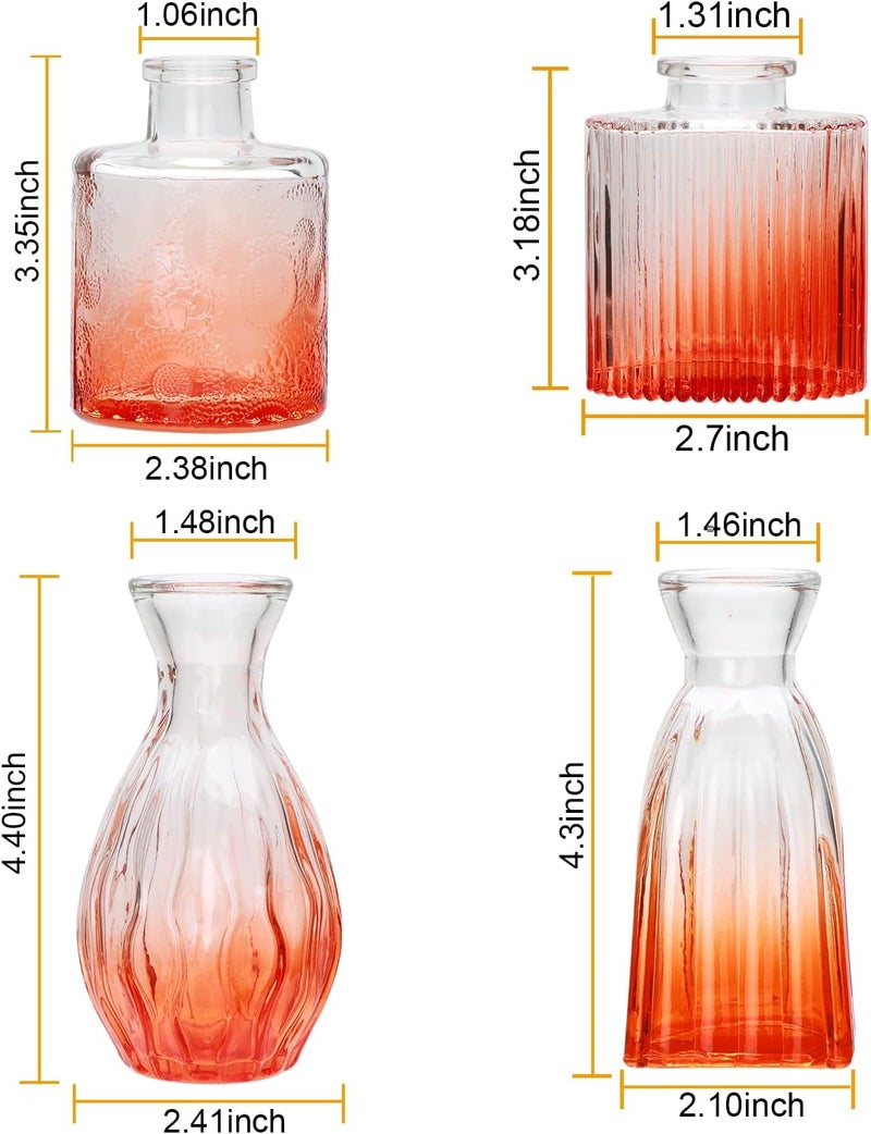 Mapoxy Glass Bud Vases Set of 4,Small Orange Flower Vases for Wedding Centerpiece Table Decorations,Clear Vintage Embossed Mini Vases,Flower Arrangements in Vases for Party or Home Decor - Image 2