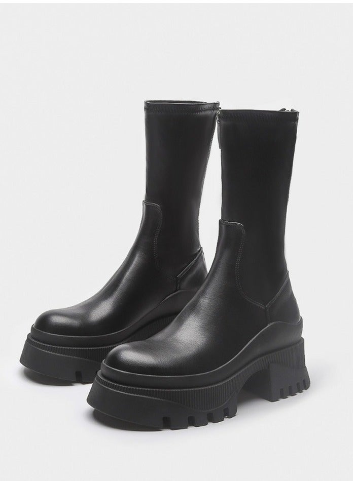 Loquat Women's Lug Sole Platform Boots Mid Calf Elastic Chunky Block Heel Elastic tube Martin Boots  - Image 1