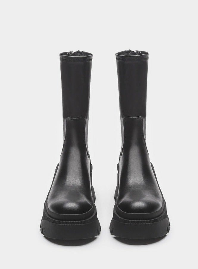 Loquat Women's Lug Sole Platform Boots Mid Calf Elastic Chunky Block Heel Elastic tube Martin Boots  - Image 2
