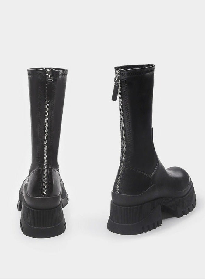 Loquat Women's Lug Sole Platform Boots Mid Calf Elastic Chunky Block Heel Elastic tube Martin Boots  - Image 3