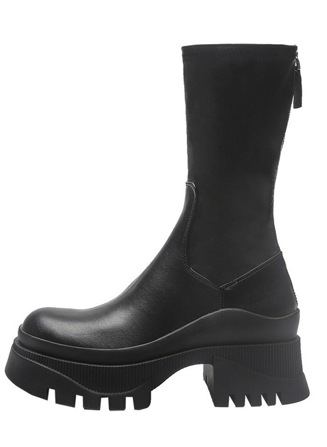 Loquat Women's Lug Sole Platform Boots Mid Calf Elastic Chunky Block Heel Elastic tube Martin Boots  - Image 4