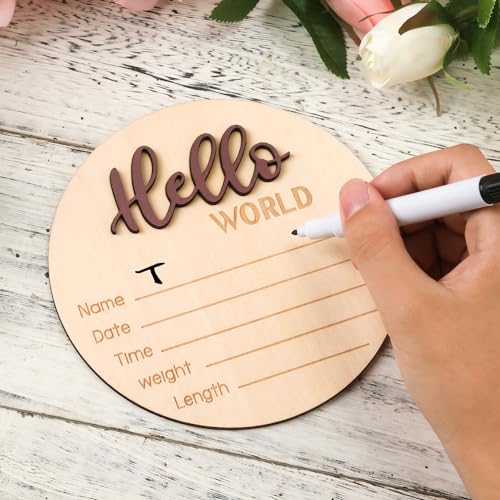 NQEUEPN Baby Announcement Sign, 5.9 Inch Wooden Hello World Newborn Welcome Sign Birth Baby Name Plaques for Photo Props Baby Shower Hospital Nursery(Brown) - Image 3