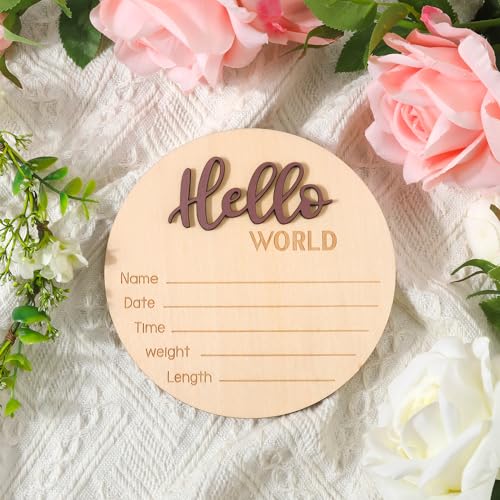 NQEUEPN Baby Announcement Sign, 5.9 Inch Wooden Hello World Newborn Welcome Sign Birth Baby Name Plaques for Photo Props Baby Shower Hospital Nursery(Brown) - Image 4