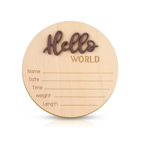 NQEUEPN Baby Announcement Sign, 5.9 Inch Wooden Hello World Newborn Welcome Sign Birth Baby Name Plaques for Photo Props Baby Shower Hospital Nursery(Brown) - Image 1