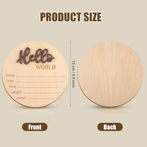 NQEUEPN Baby Announcement Sign, 5.9 Inch Wooden Hello World Newborn Welcome Sign Birth Baby Name Plaques for Photo Props Baby Shower Hospital Nursery(Brown) - Image 2