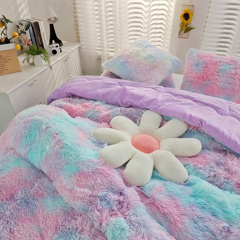 chovy Kids Girls Faux Fur Purple Rainbow Comforter Sets TwinFull 3PC Bed Set Soft Warm Comfortable Classical Rabbit Plush Velvet Flannel Fluffy Fuzzy BeddingComforter x 1 Pillowcases x 2