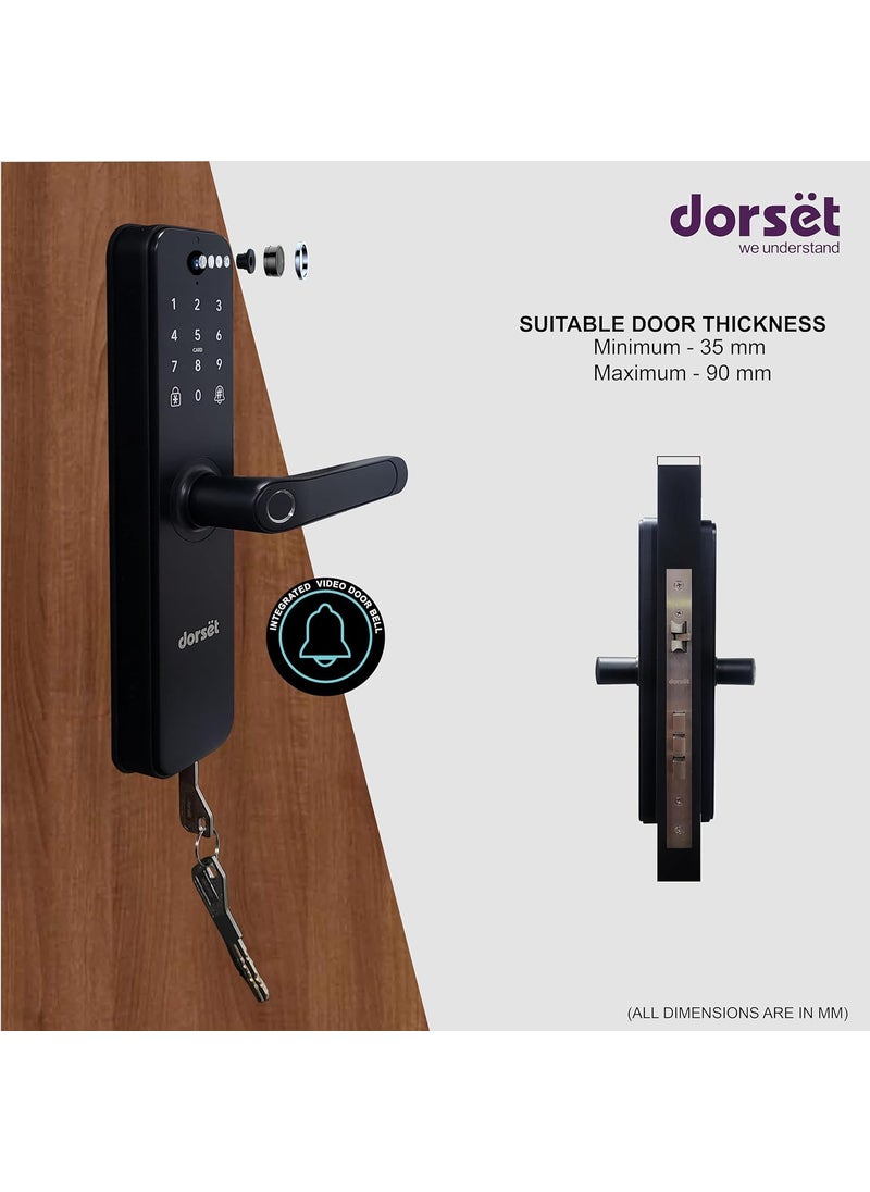 Dorset DG 204 Smart Door Lock with WiFi in Built and Integrated Camera Digital Lock with Fingerprint Pin RFID Mobile App Key Access 2 Years Warranty Door Thickness 3590 mm Black