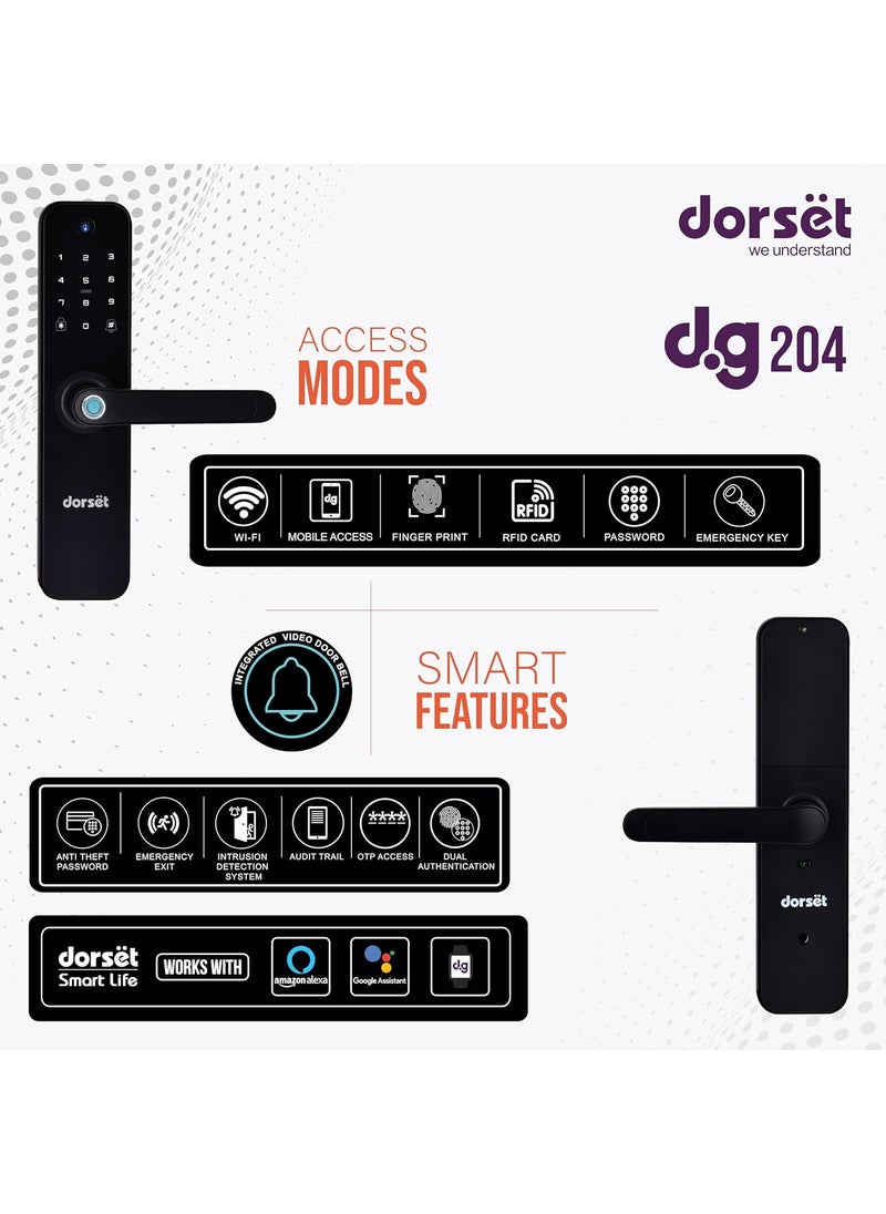 Dorset DG 204 Smart Door Lock with WiFi in Built and Integrated Camera Digital Lock with Fingerprint Pin RFID Mobile App Key Access 2 Years Warranty Door Thickness 3590 mm Black