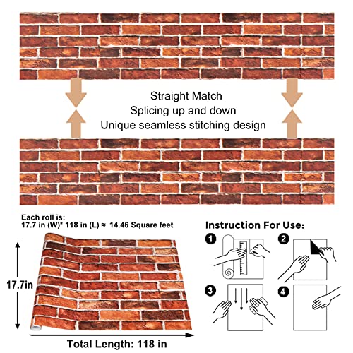 Abyssaly Brick Wallpaper Peel and Stick Red Brick Wallpaper for Bedroom 17.7" X 118" Faux Peel and Stick Wall Paper Good for Fireplace Kitchen Accent Home Decoration Party Brick Wrapping Paper for Backsplash - Image 3