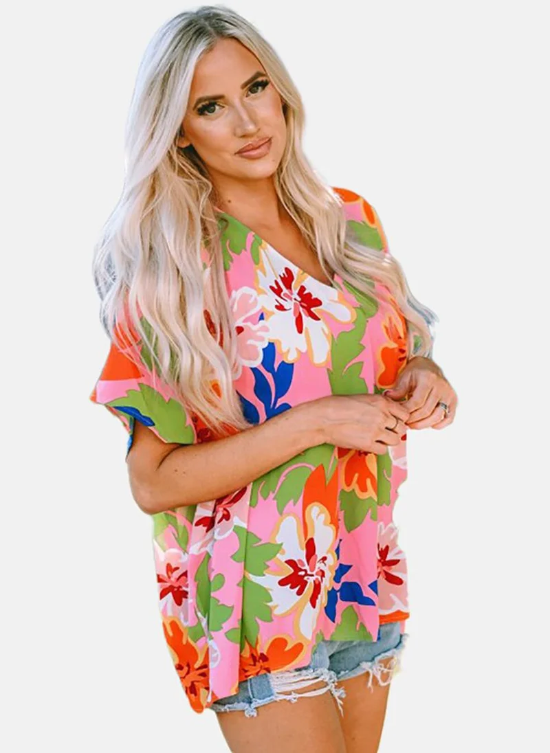 يونيكي Pink Floral Short Sleeve V Neck Tunics