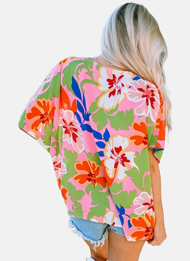 يونيكي Pink Floral Short Sleeve V Neck Tunics