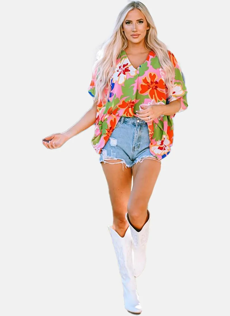 يونيكي Pink Floral Short Sleeve V Neck Tunics