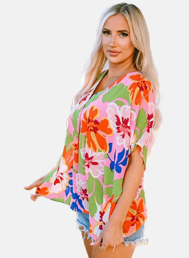 يونيكي Pink Floral Short Sleeve V Neck Tunics