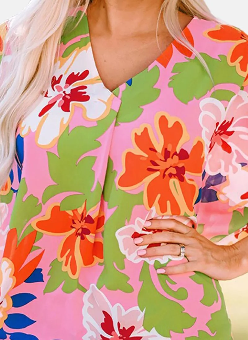 يونيكي Pink Floral Short Sleeve V Neck Tunics
