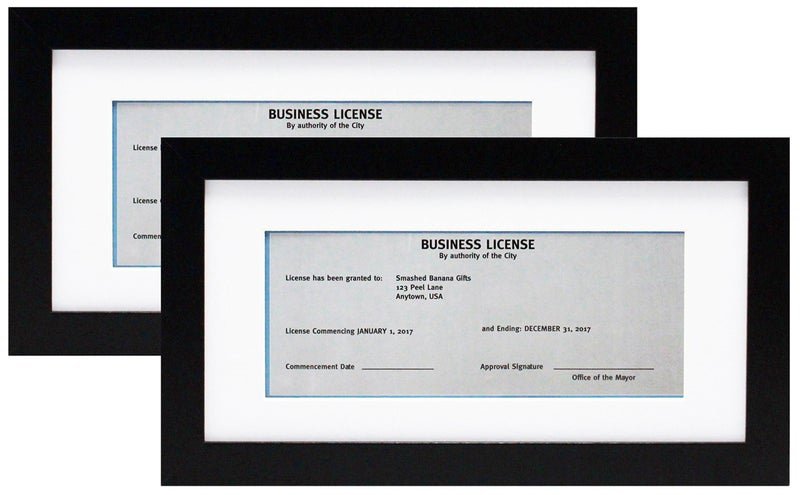 Smashed Banana 5x10 Black Gallery Business License Frame with 3.5x8 Mat Two Pack - 2 Frames - Wide Molding - Includes Attached Hanging Hardware and Desktop Easel - Display Panoramic Picture or Retail Licenses - Image 1