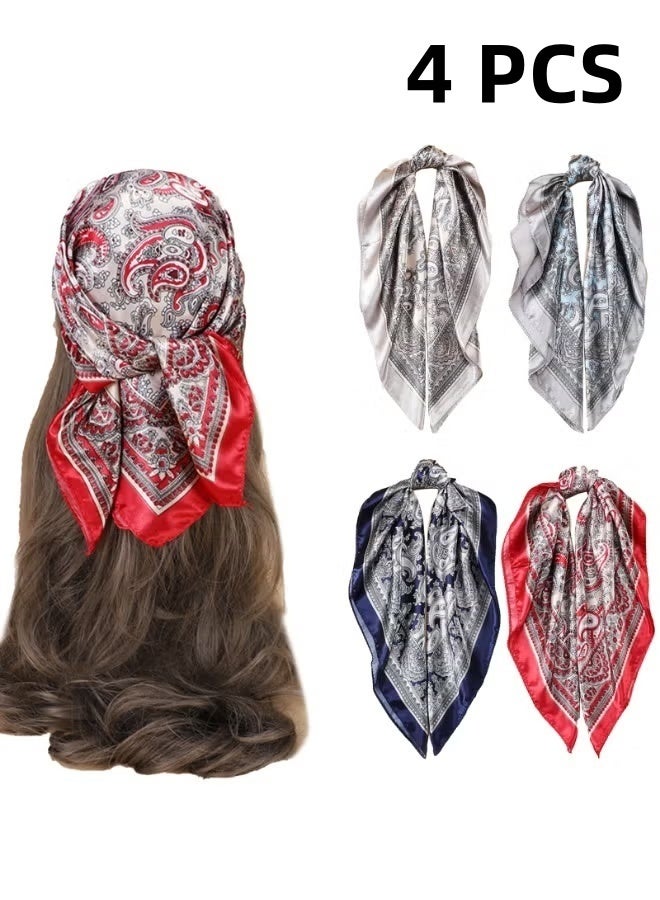 Elevate your accessory collection with this versatile 4-piece set of satin simulated silk square scarves. Each scarf features an elegant retro cashew print pattern that adds a sophisticated touch to any outfit. Measuring 60 x 60 centimeters, these scarves are perfectly sized for multiple styling options - wear them as fashionable hair bandanas, neck scarves, or decorative accessories. The smooth satin silk-like fabric provides a luxurious feel and gentle touch, making these scarves ideal for both daytime wear and nighttime hair protection. The set includes four beautiful scarves, offering excellent value and variety for your wardrobe. Their boho-inspired design makes them perfect for creating various looks, from classic to contemporary. - Image 1