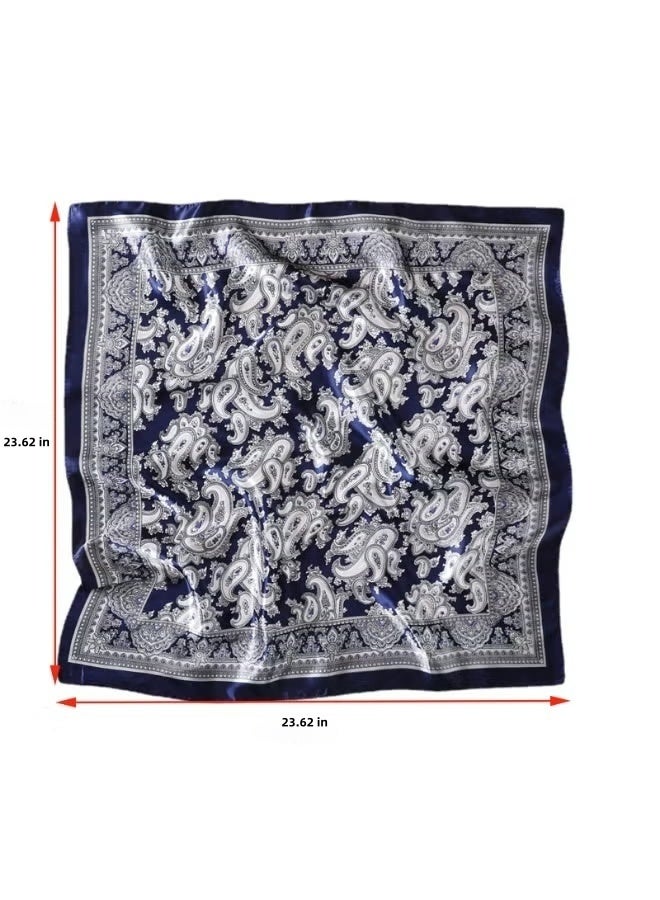 Elevate your accessory collection with this versatile 4-piece set of satin simulated silk square scarves. Each scarf features an elegant retro cashew print pattern that adds a sophisticated touch to any outfit. Measuring 60 x 60 centimeters, these scarves are perfectly sized for multiple styling options - wear them as fashionable hair bandanas, neck scarves, or decorative accessories. The smooth satin silk-like fabric provides a luxurious feel and gentle touch, making these scarves ideal for both daytime wear and nighttime hair protection. The set includes four beautiful scarves, offering excellent value and variety for your wardrobe. Their boho-inspired design makes them perfect for creating various looks, from classic to contemporary. - Image 2