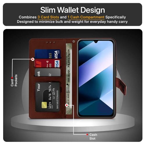 WOW IMAGINE Shock Proof Flip Cover Back Case Cover for Mi Redmi 15C 5G | Poco C85 5G 2025 (Flexible | Leather Finish | Card Pockets Wallet & Stand | Brown) - Image 3