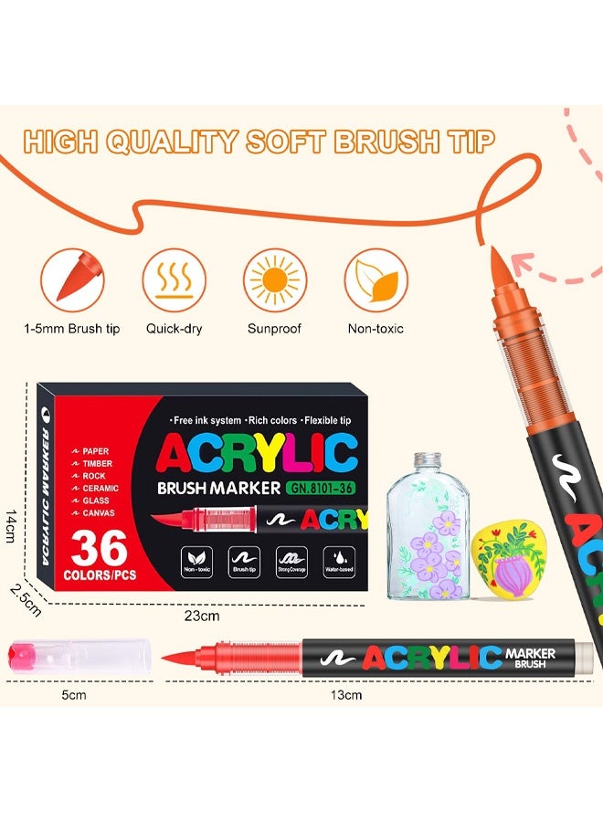 36 Colors Soft Brush Tip Acrylic Markers Set, Paint Pens for Rock, Wood, Fabric, Canvas, Glass, DIY Crafts, Waterproof Paint Markers, Vibrant Acrylic Pens for Artists and Art Projects - Image 5